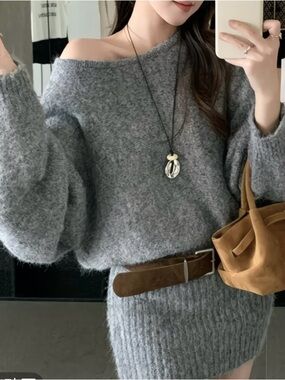 Grey Off-Shoulder Fuzzy Knit Women's Sweater Dress